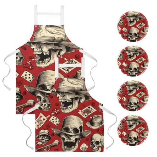 Tablier de cuisine crânes de jeu avec 4 broches incluses