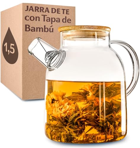 Cosumy Jarra de Cristal con Tapa de Bambú de 1,5l - Con Filtro en el Caño - Para Bebidas Frías y Calientes - Apta para Lavavajillas