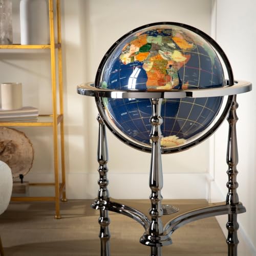 KALIFANO Large Gemstone Globe with Vibrant Polished Lapis Ocean and Mosaic Gem Continents on 37" Ambassador Gunmetal 3 Leg High Stand - World Globe with Floor Stand Office Decor