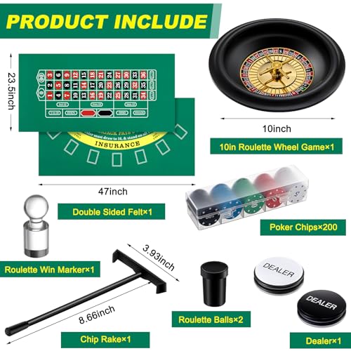 Lunmon Roulette Wheel Set Include 10 Inch Roulette Wheel, Double Sided Felt, 200 Chips, Chip Rake, Acrylic Marker, Dealer Poker Button for Blackjack Casino Game Night Party Holidays