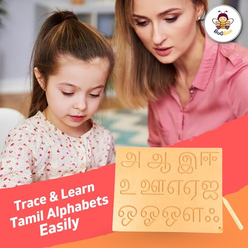 Image of BuGBee Tamil Alphabet Tracing Board for Kids | Uyir Ezhuthu & Mei Ezhuthu Wooden Writing Slate with Pencil | Montessori Tamil Learning Toy for Toddlers 2 3 4 5+ Years (Pack of 2 Boards)