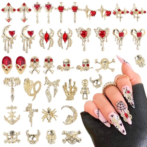 Cynailli 94 Pcs Halloween Assorted Gold Nail Charms, Alloy 3D Skull Spider