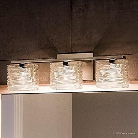 Urban Ambiance Luxury Modern Bathroom Light, Medium Size: 6.75" H x 22.5" W, with Style Elements, Brushed Nickel Finish and Sandblasted Inner, Clear Wavy Outer Glass, UQL2722 Cover