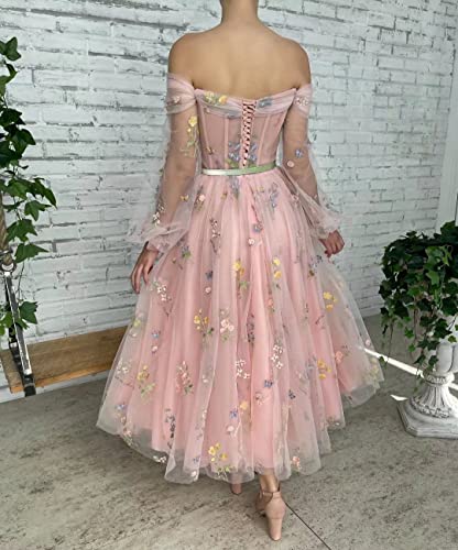 Verngo Puffy Sleeve Off Shoulder Prom Dresses 2022 For Teens Flower Embroidery Tulle Tea Length Long Sleeve Formal Evening Party Gowns,Dusty Blue Us12 #TOP1