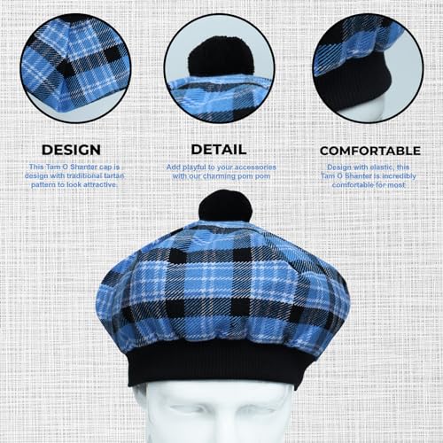 Image of Scottish Tam O' Shanter Hat Tartan Bonnet Pom Pom Wool Flat Cap One Size