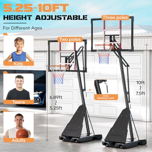 Image of Asbest Adjustable Basketball Hoop Outdoor 10FT with 44 /48 Inch Backboard, Portable Basketball Hoops & Goals Outdoor with Stepless Crank, for Youth Adults Kids