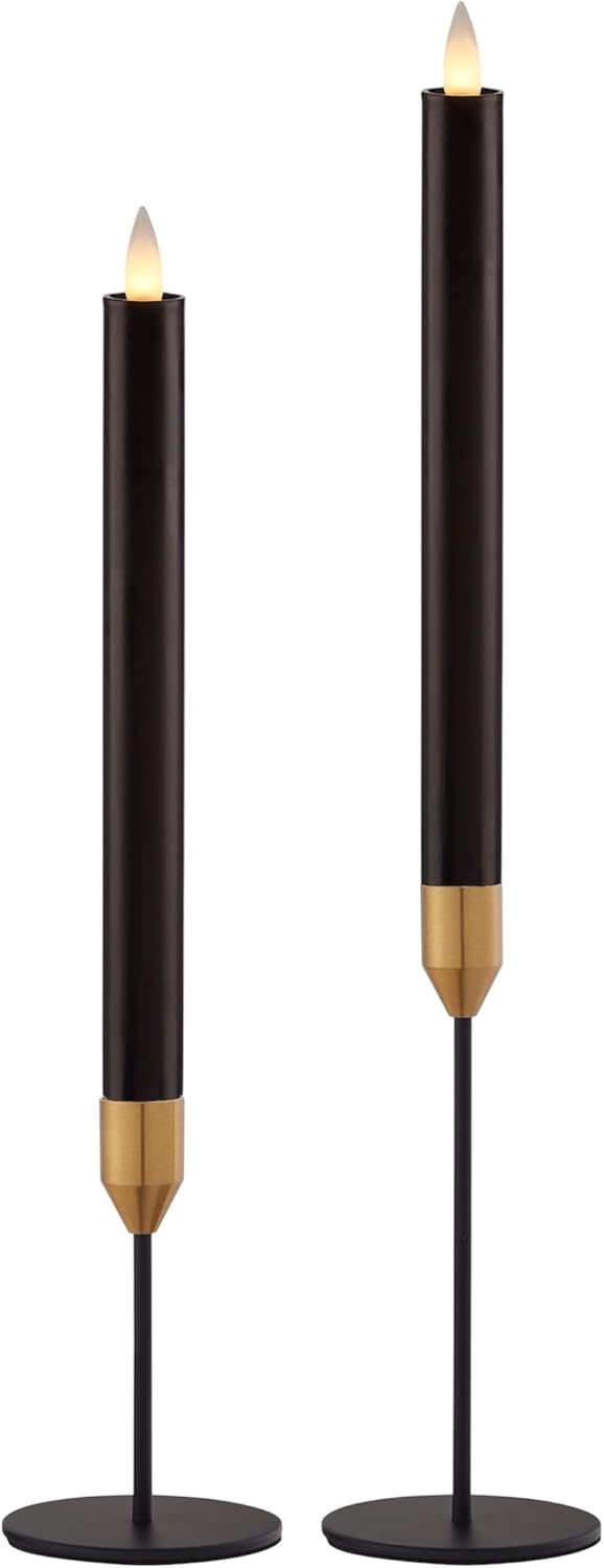 Black and Gold Candle Holder Set with 3D Moving Flame Taper Candles, Remote Control Timer, Safe Flameless Design for Home, Dining, and Festive Decor