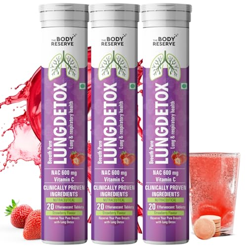 Image of The Body Reserve Lung Detox 60 Effervescent Tablets With N-Acetylcysteine 600mg and Vitamin C | Cleaner Lungs Detoxification and Immune Defence Strawberry Flavour (Pack Of 3)