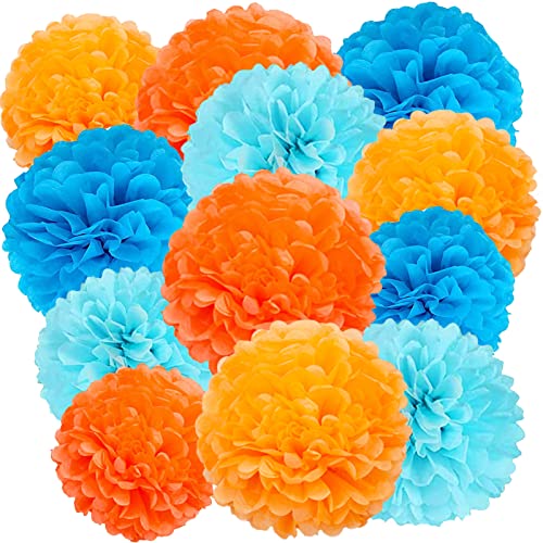 Image of We Moment Paper Pom Poms - Orange & Blue Light Decorations for Wedding, Birthday & Party - 12pcs, 4 Colors, 12 & 10 Inch