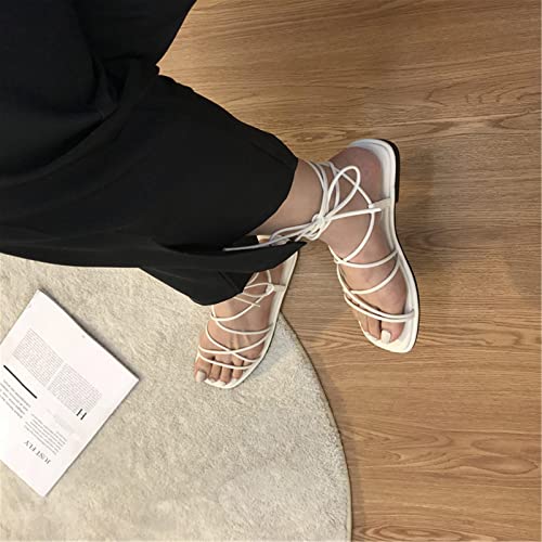 FOURTOC Sandali Donna con Lacci da Spiaggia Mare Piscina, Eleganti Basse Scarpe Estive da Ragazza, Bianca, US7.5/EU39