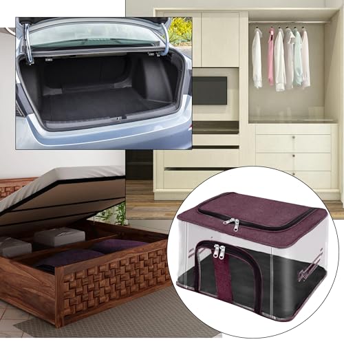 Image of Storite Nylon 33 L PVC Transparent Moisture Proof Storage box for Clothes Closet Wardrobe Organizer for Clothes Saree Bags with Carry Handle (Grey, 44L x 31W x 24H cm) (Vivid Red, 4 Pack)
