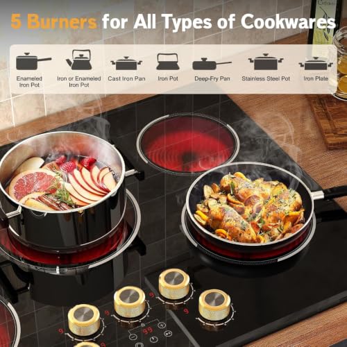 Image of 30 Inch Electric Cooktop, 5 Burner Ceramic, 220-240V Hardwired, No Plug