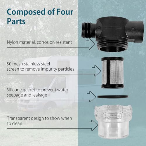 Image of WASSERMANN 1 /2 inch NPSF-1 /2 NPSM RV Water Pump Strainer, Water Pump Filter with 50 mesh Stainless Steel Filter Screen,Nylon in-Line Strainer for RV Water Pump