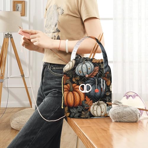 Image of ElliTarr Crochet Bag Yarn Bag with Handle Portable Knitting Project Bag Travel Yarn Storage Organizer Holder Case Fall Thanksgiving Pumpkin