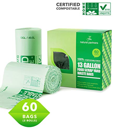 Natural Partners 100% Compostable Bags, 13 Gallon, 60 Count, Superior Strength 1.0 Mils Thickness, Compostable Tall Kitchen Trash Bag, Biodegradable Yard Waste Bag, ASTM6400/VINCOTTE Certificated