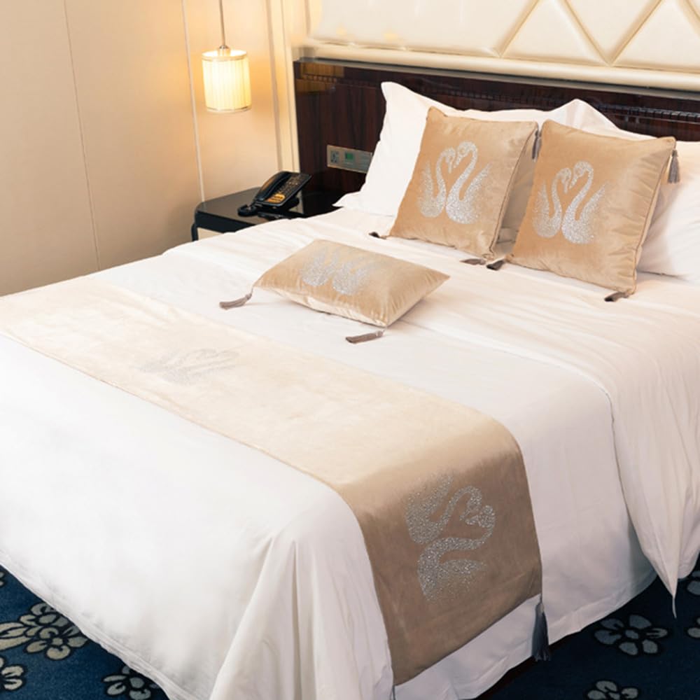 QRGMKL Luxury Swan Bed Runner Thicken Velvet Bed Scarf Simple European Style Bed Runners and Matching Cushions Bedding Protector for Bedroom Hotel-Beige||210X45cm for 1.5m Bed