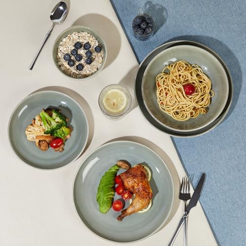 Image of 32 Piece Double Bowl Dinnerware Sets with Pasta Bowls, Highly Chip and Crack Resistant Plates and Bowls Sets, Natural Earthyware Ceramic Dishware Sets, Service for 8 Gradient Green