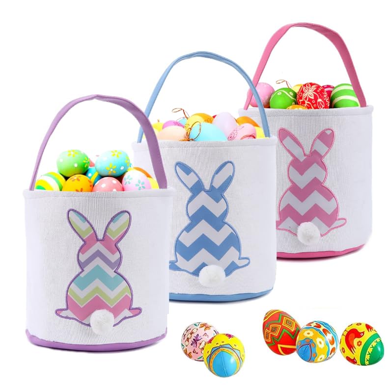 Image of 3 Pack Easter Bunny Baskets,Canvas Personalized Easter Bunny Baskets Bucket Tote Gifts Bags,Easter Egg Hunt Easter Party Favors Decoration Toys for Girls Boys (3 Pack)