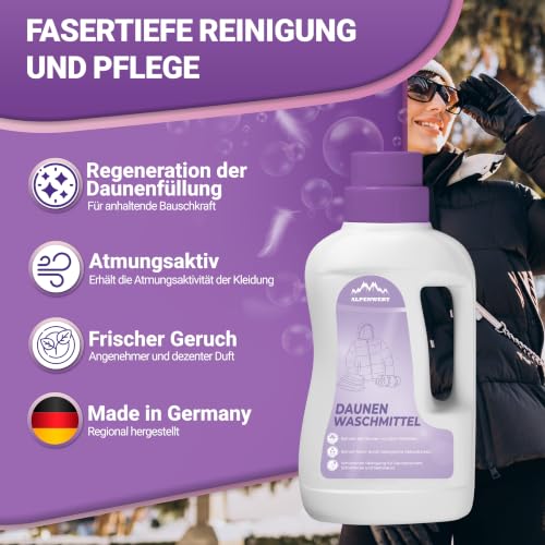 ALPENWERT Daunenwaschmittel 1L - Spezialwaschmittel für Daunenjacken, Bettdecken, Schlafsäcke & Kissen - sanftes Waschmittel für fasertiefe… – Ansicht 2