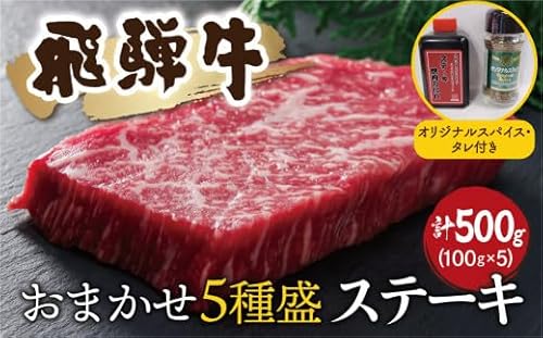 飛騨牛おまかせステーキ5種類盛 各100g(計500g) スパイス・タレ付き 部位お任せ 牛肉 和牛 ステーキ 食べ比べ 贈り物 ギフト 飛騨市
