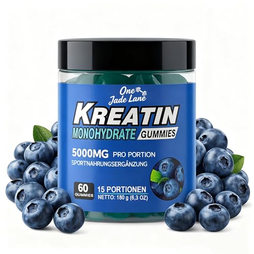 One Jade Lane Creatin Monohydrat 5000 mg pro Portion, Vegane Creatin Weingummis mit echter Zugabe von Taurin, Vitamin B12 & BCAA, Beerengeschmack, bequeme Einnahme ohne Mischen, 60 Stück (1 Packung)