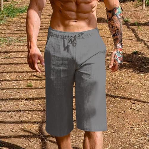 Men's Cotton Linen Cropped Trousers Mens Drawstring High Waist Capris Pants 3/4 Elasticated Waist Sweatpants4