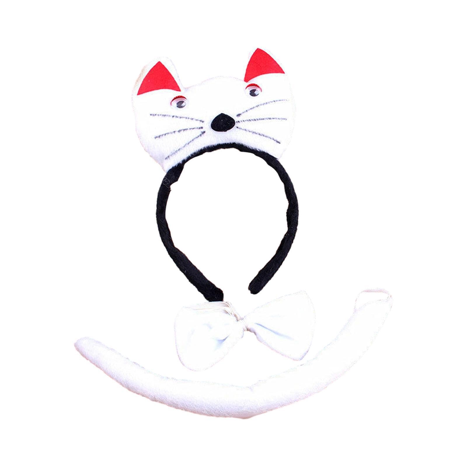 QUXVUIS Costume Tail Hairband Animal Headband Tail Bowtie Set Fashionable and Cute Role Playing During Halloween Costume Animal Face Women Headband Hairband Toys, White Cat, 20x25cm