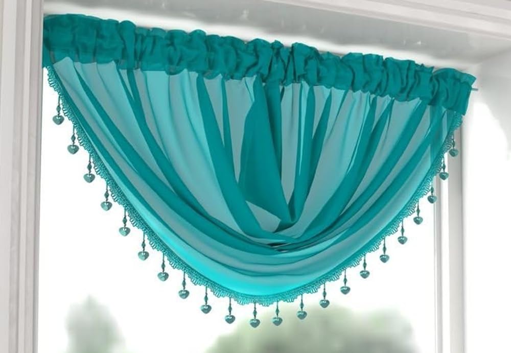 Maple Textiles Beaded Hearts Voile Curtain Swag, Slot Top Design, Available in White, Cream, Black, Grey, Red, Teal Colours (Teal)