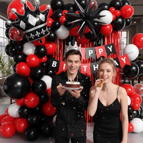 Image of Red and Black Birthday Party Decorations 152Pcs, Red Black White Balloons Arch Kit with Banner Fringe Curtains for 16th 18th 21st 24th 32th 40th 50th 60th Birthday Decorations for Men