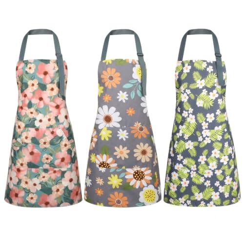 Image of BOUMUSOE 3 Pack Floral Aprons with Pocket, Blooming Womens Aprons