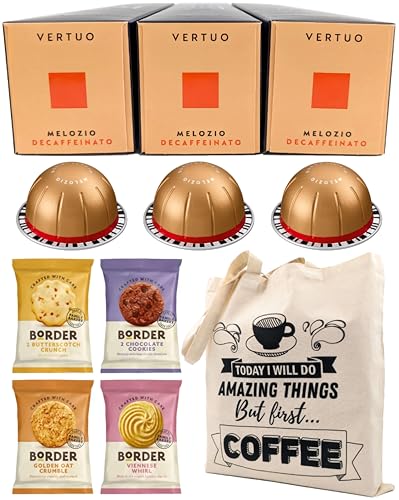 Coffee Pod Multipack for Nespresso Vertuo Machine - Melozio Decaffeinato Coffee Capsules - 3 Boxes (30 Pods) with Border Biscuits and Reusable Tote Bag