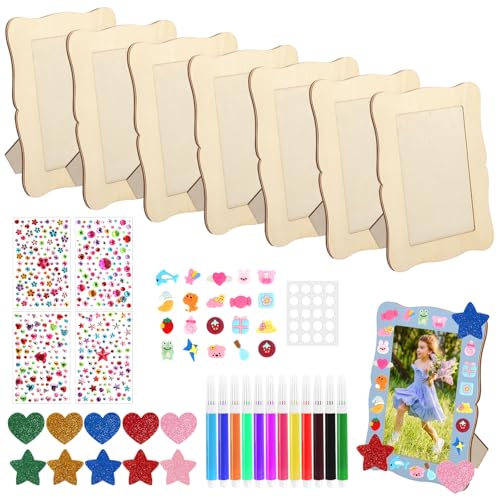 DUTIFUL 8 Stück Holzbilderrahmen zum Bemalen Bilderrahmen Selbst Gestalten Kinder Bilderrahmen Basteln mit Stifte Glitzersteinen 3D Aufkleber Holzrahmen Set für Holzfarbe Geschenke Kunsthandwerk