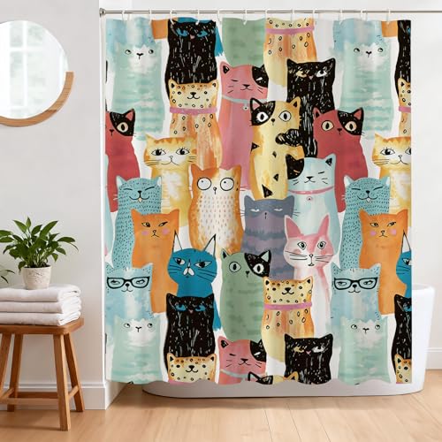 BREASOME Cat Shower Curtain 72x72 Inch Funny Graffiti Cute Cats Shower Curtain for Bathroom Decor Waterproof Polyester Fabric Bath Curtain with 12 Hooks