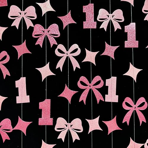 Image of Pink Bow One Birthday Decorations Pink Glitter Paper Star Bow 1st Hanging Garland Streamer Banner for Happy First Birthday Baby Girl Bday Decor or 1st Anniversary Party Decorations Supplies