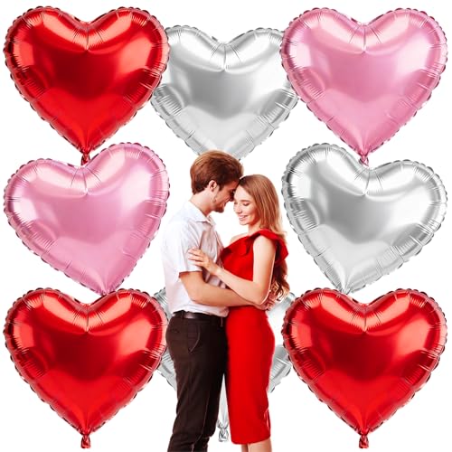 TaoQ C 8 PCS 32 Inch Heart Shape Foil Balloons Large Red Pink Silver Mylar Heart Shaped Balloons Valentines Aluminum Foil Balloons for Valentine Day Birthday Engagement Wedding Party