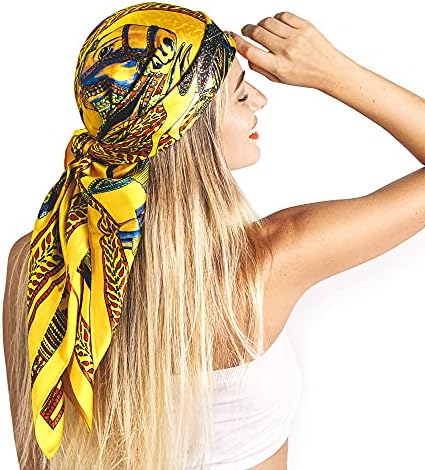 100% Pure Silk Head Scarf for Women Fashion Mulberry Real Silk Hair Scarf Square Vintage Designer Yellow Horse (35x35) 55g 1