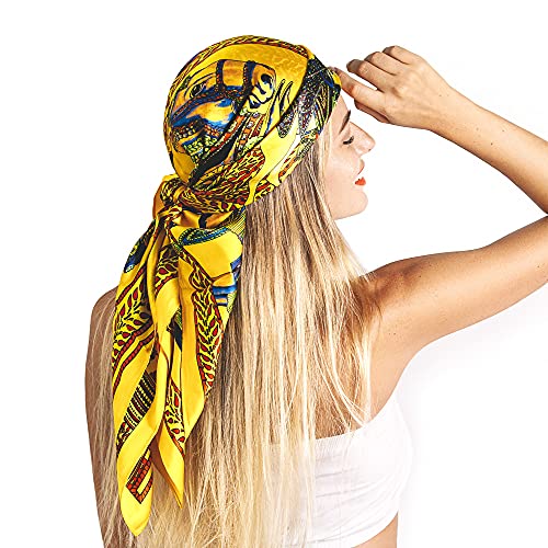 100% Pure Silk Head Scarf For Women Fashion Mulberry Real Silk Hair Scarf Square Vintage Designer Yellow Horse (35X35) 55G 1 #TOP20