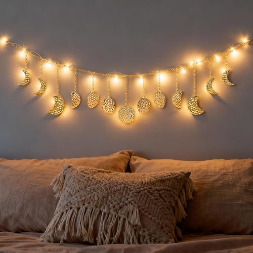 opulinea Moon Light Wall Decor with LED String Lights, Metal Moon Phase Art, Boho Celestial Hanging Lights for Bedroom, Modern LED Wall Decor for Christmas Tree & Ceiling Decorations(Gold)