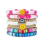 Schöne stapelbare Armbänder: Es wird mit 7 Armbändern in verschiedenen Stilen geliefert. Das Armband-Set wird nach speziellen Elementen gesammelt und gestaltet - goldene Perlen, bunte 6-mm-Vinylscheibe, Lächeln, böser Blick und so weiter. Jeder von ihnen ist einzigartig und attraktiv.