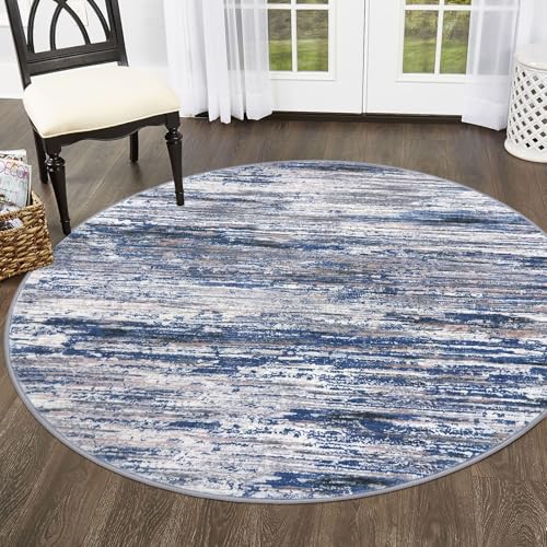 Navy Blue Gray Neutral Multi 5' Round Rug Washable Rug for Entryway Soft Non-Slip Area Rugs Modern Abstract Low-Pile Carpet, Neutral Vintage Circle Rugs for Living Room Dining Bedroom Foyer
