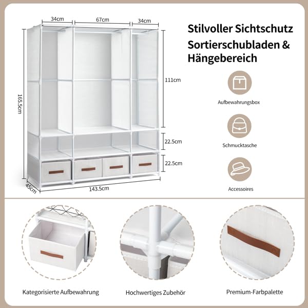 Stoffschrank 3 Kleiderstangen, freistehend, 144 cm | Kleiderschrank mit 4 Boxen & Vorhängen, moderner Aufbewahrungsschrank für Schlafzimmer, Garderobe und Retail, weiß