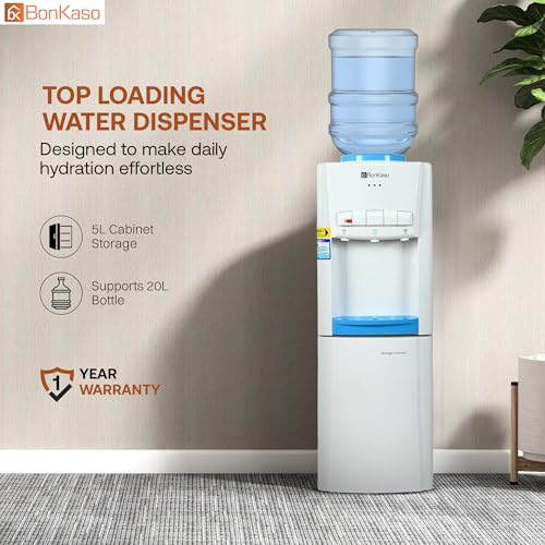 Image of BonKaso Top Loading Hot, Cold & Normal Water Dispenser | 20L Non-refrigerated Cabinet | Food-Grade ABS Body, LED Indicator, Child Lock, Removable Tray | 1 Year Warranty | White /Blue