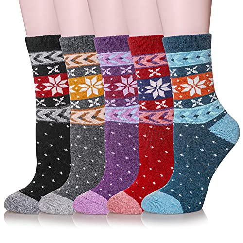 Image of Velice Wool Socks for Women Merino Wool Boot Hiking Thick Thermal Warm Winter Crew Cushion Cozy Work Socks 5 Pairs