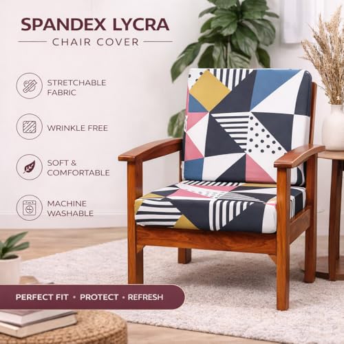 Image of STITCHNEST 'Contour Fit Series' Stretchable Printed Wooden Sofa Cover (Pack of 2) - Elastic Wooden Chair Cover | Wooden Sofa Seat Cover | Size - 20-21 x 20-21 x 3-5 in
