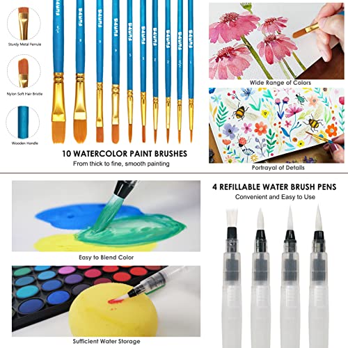 Funto Watercolor Set, 48 Color Paint Set, 10 Brushes, 4 Refillable Water Brush Pens, 30 Page Pad(9"X12"), Masking Tape, Sponge, Palette, Painting Kit For Kids, Adults, Beginners #TOP3