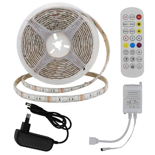 Brightium Set de tiras LED RGB 5050 de 60 LEDs con adaptador, controlador IR y control remoto DC12V IP54, ideal para iluminación decorativa.
