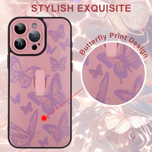 Image of for iPhone 15 Pro Max Case with Finger Strap Holder, Cute Cool Butterfly Print Pattern Design for Women Girls, Shockproof Anti Scratch Hand Kickstand Protective Cover, Pink
