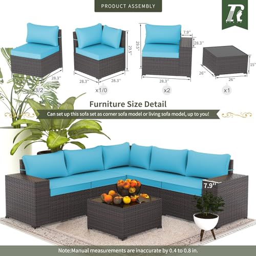 Image of 6 PCS Outdoor Patio Furniture Set,Outdoor Sectional Furniture All Weather PE Rattan Wicker Patio Conversation Set with Coffee Table and 5 Thickened Cushions,Turquoise Blue