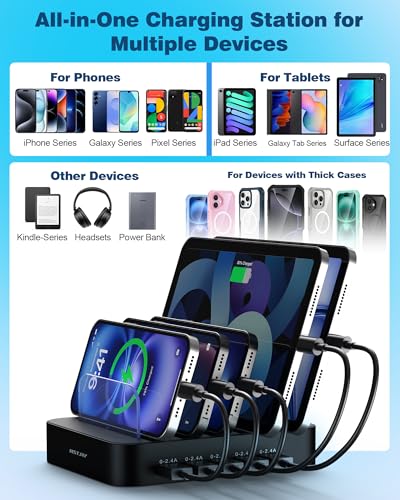Image of MSTJRY Charging Station for Multiple Devices : 5 Port Multi USB-A Charger Stations Multi-Device Organizer Charging Dock Designed for iPhone iPad Cell Phone Tablets (7 Short Cables Included), Black