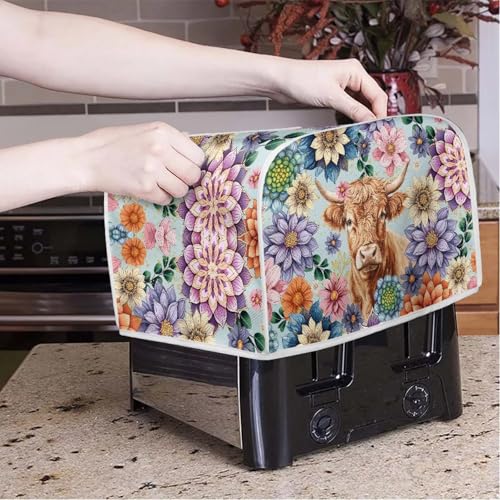 Image of 2 Slice Toaster Dust Cover with Top Hook Kitchen Small Appliance Bread Toaster Oven Dustproof Cover Kitchen Bakeware Protector Boho Floral Highland Cow
